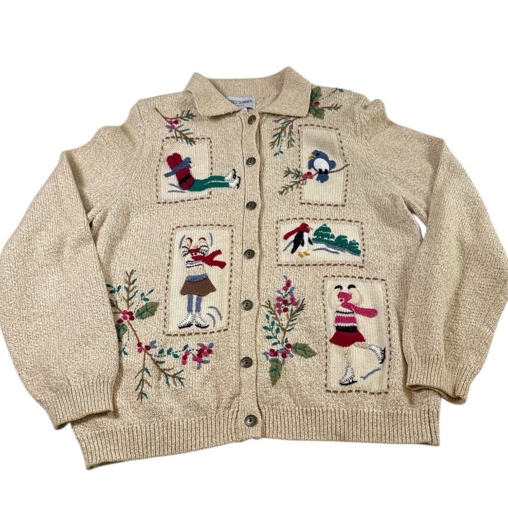 Alfred Dunner Petite M Winter Holiday Sweater Cardigan Embroidered Skaters Birds